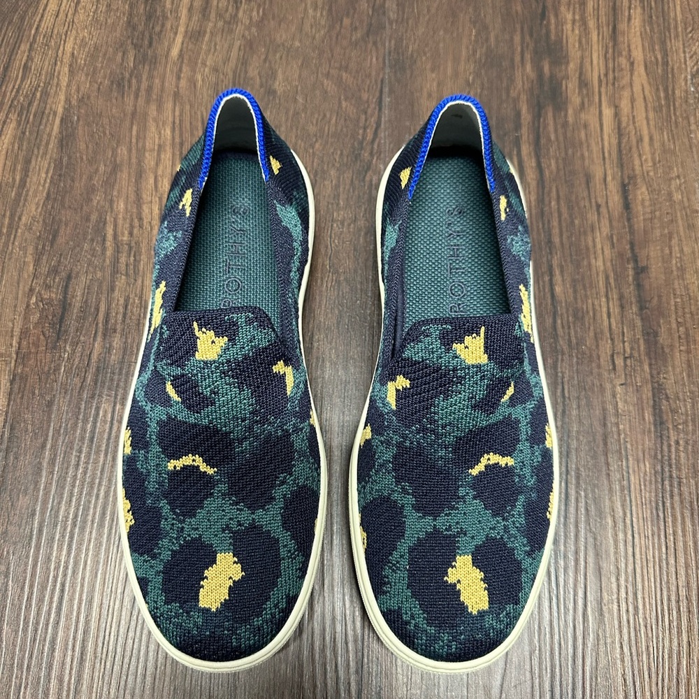 Rothy’s blue animal print slip on shoes